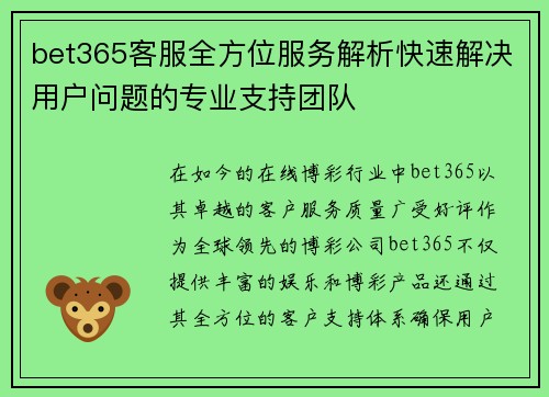 bet365客服全方位服务解析快速解决用户问题的专业支持团队