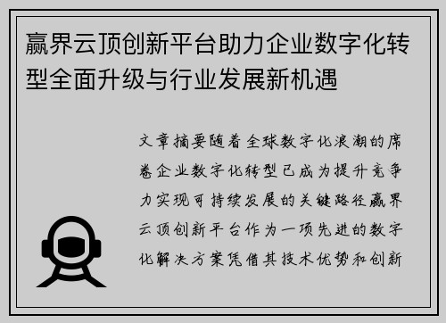 赢界云顶创新平台助力企业数字化转型全面升级与行业发展新机遇